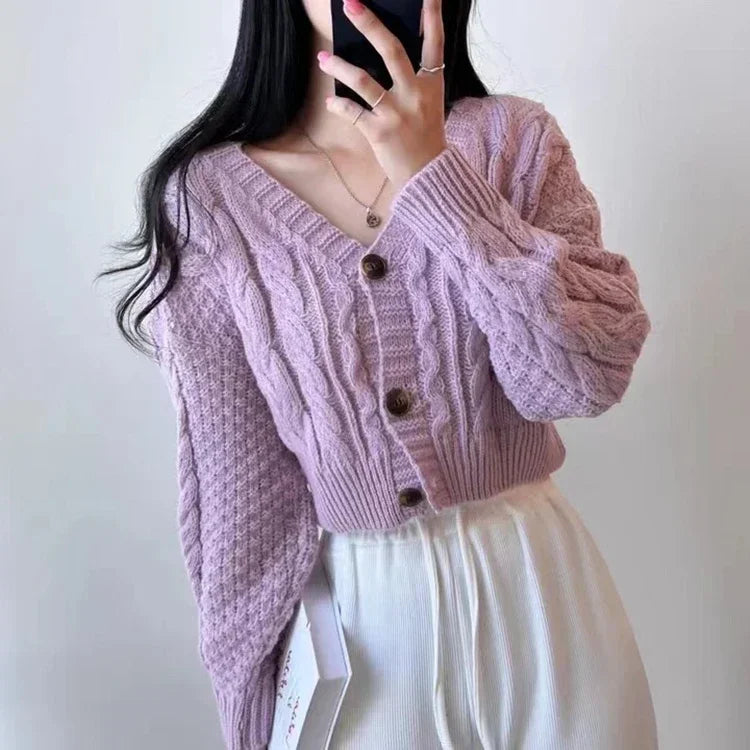 Lantern Sleeve Sweater Cardigan – Cropped Knit Top