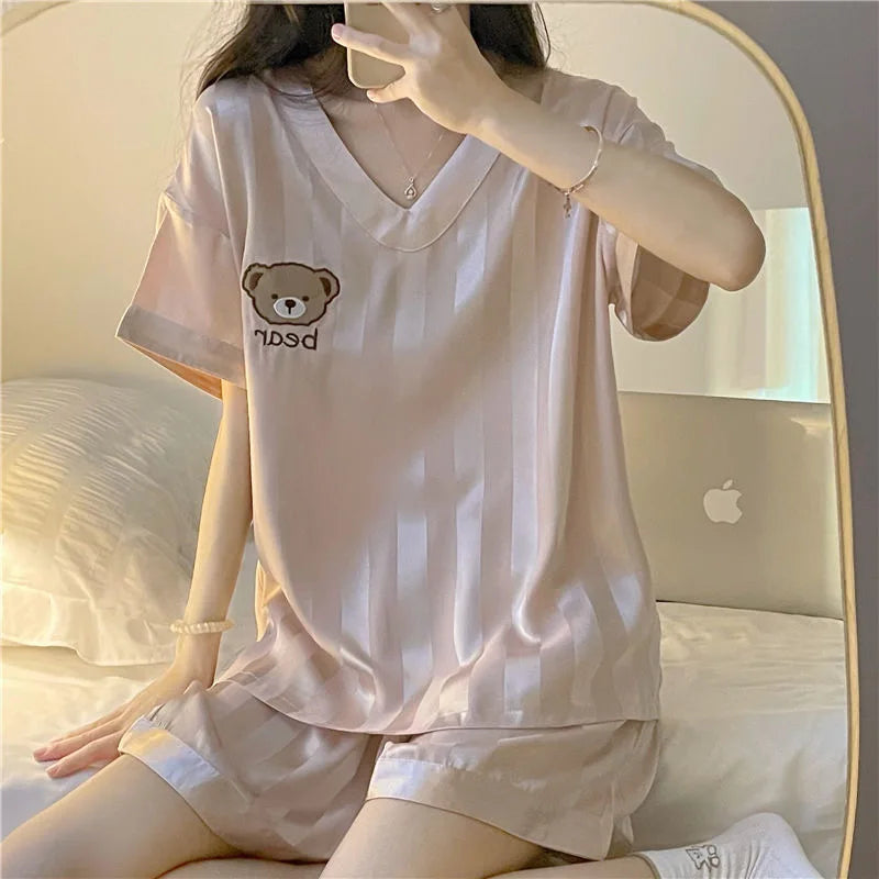 Bear Satin Pajama Set – Short-Sleeve Top & Shorts, Cute Sleepwear