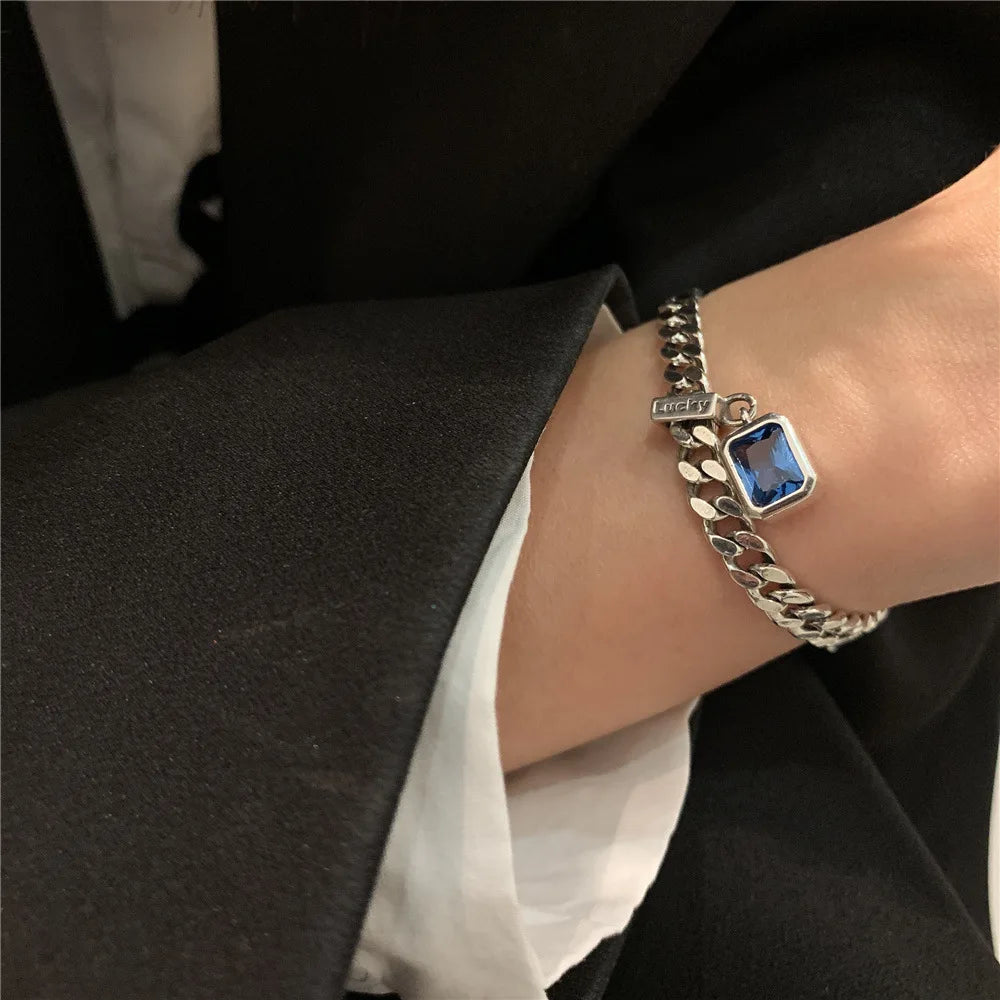 925 Sterling Silver Square Blue Crystal Bracelet