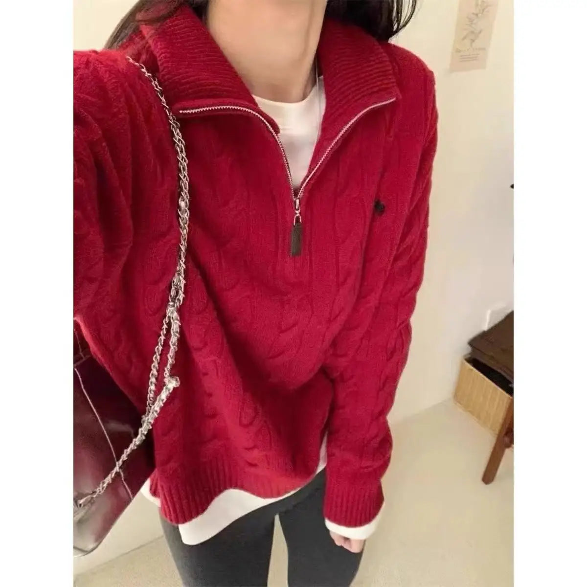 Vintage Knitted Pullover – Zipper Solid Sweater