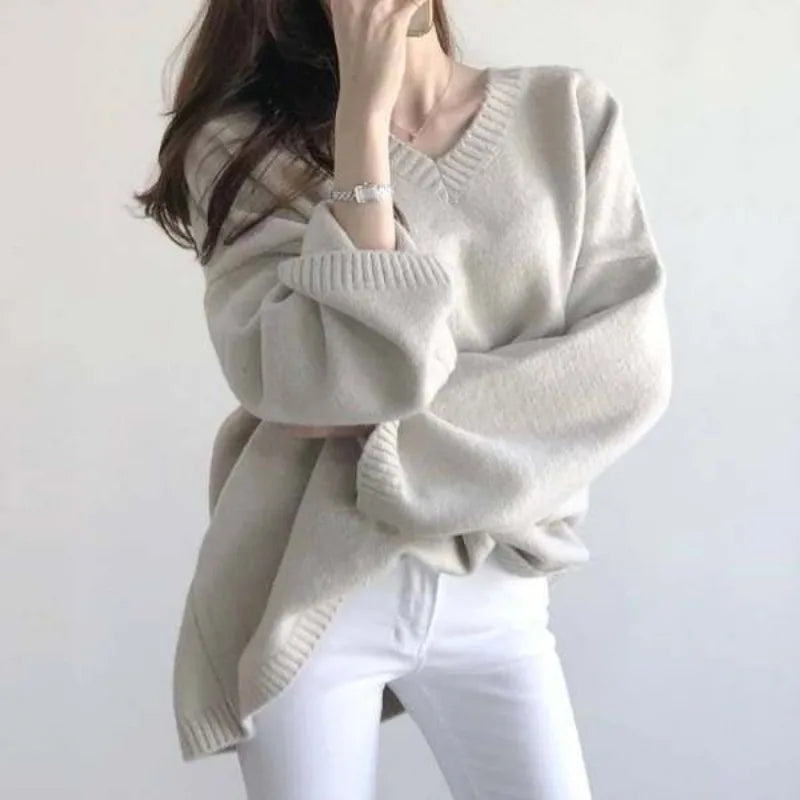 Loose V-Neck Sweater – Solid Color Knit Office Wear