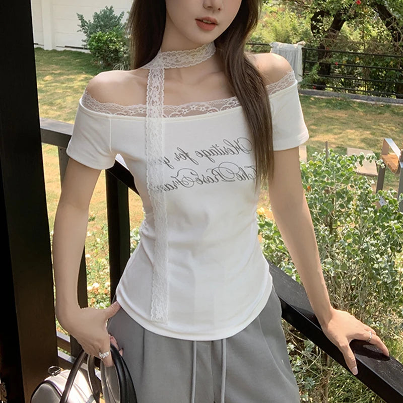 Lace Slash-Neck Off-Shoulder Slim Tee – Feminine & Flirty