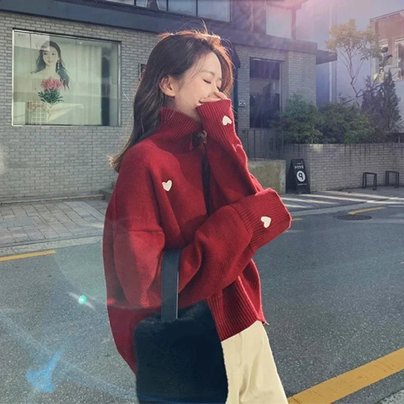 Heart Embroidery Turtleneck Sweater – Thick Warm Knit