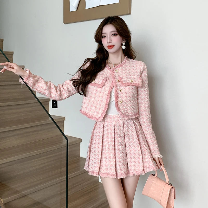 Tweed Jacket Mini Skirt Set – Autumn Winter Tassel Detail