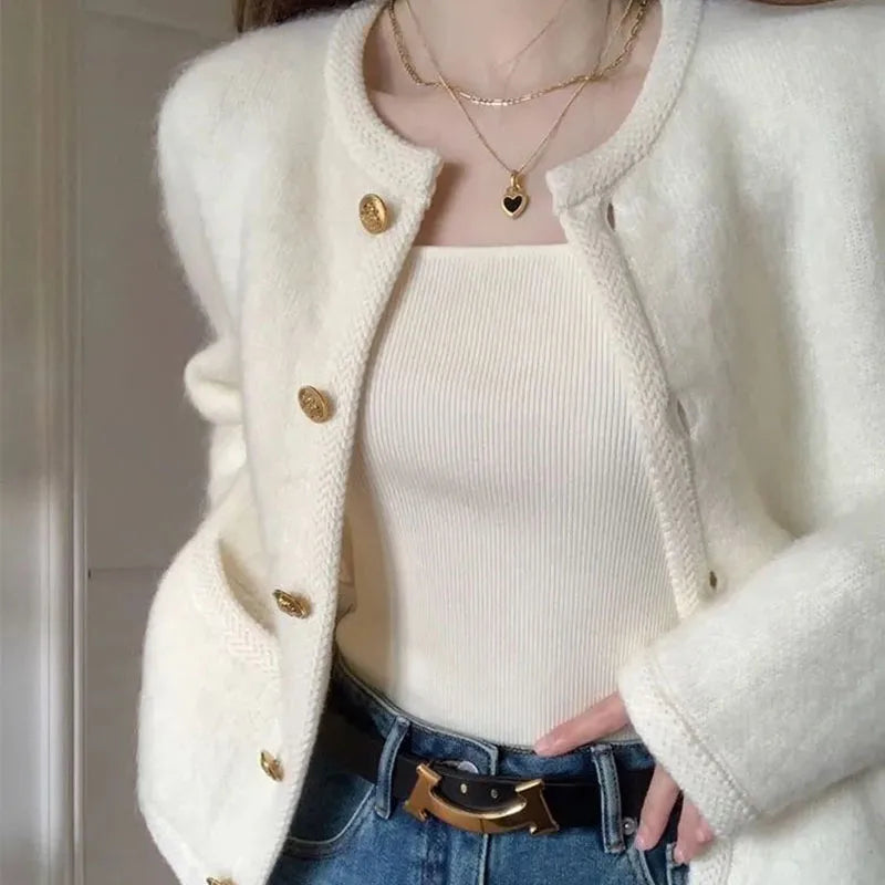 White Knit Coat – Single-Breasted Round Collar Jacket