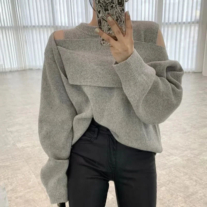 Irregular Off-Shoulder Knit Top – Round Collar Long Sleeve
