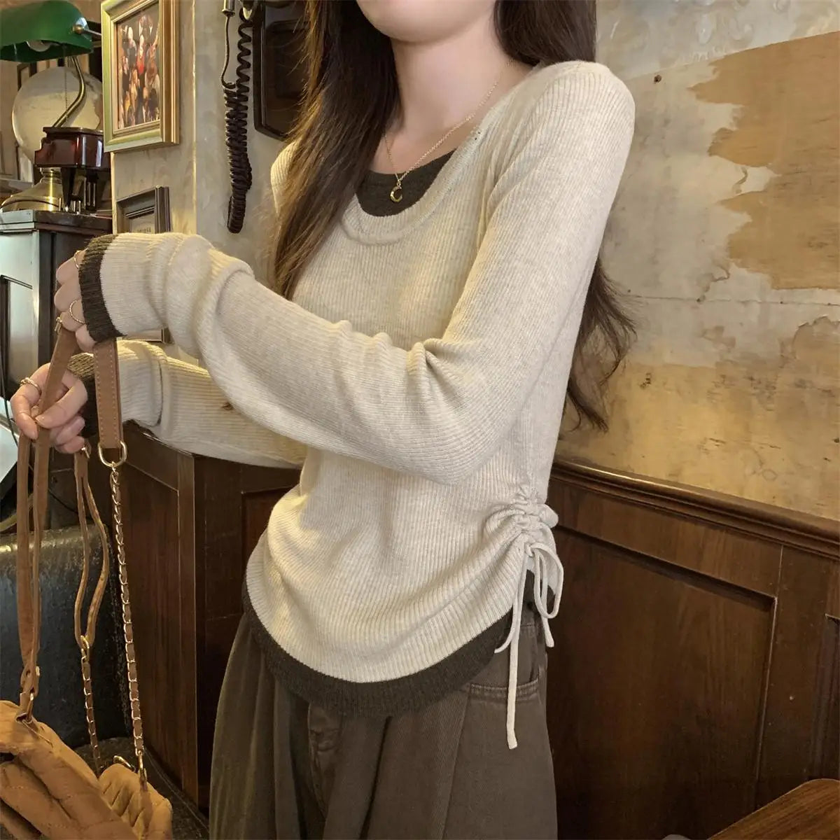 Patchwork Drawstring Lace-Up Sweater – Brown Long Sleeve Knit