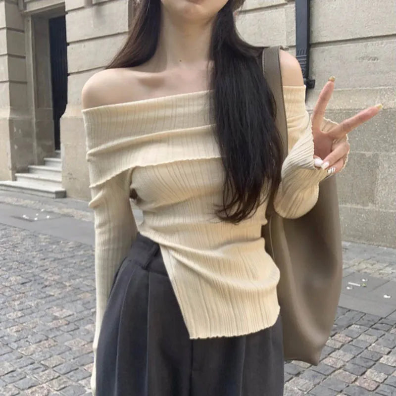 Split Irregular Off-Shoulder Top – Black Long Sleeve Sweater