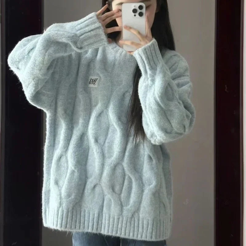 Vintage Twist Knit Sweater – Long Sleeve Pullover, Loose Fit