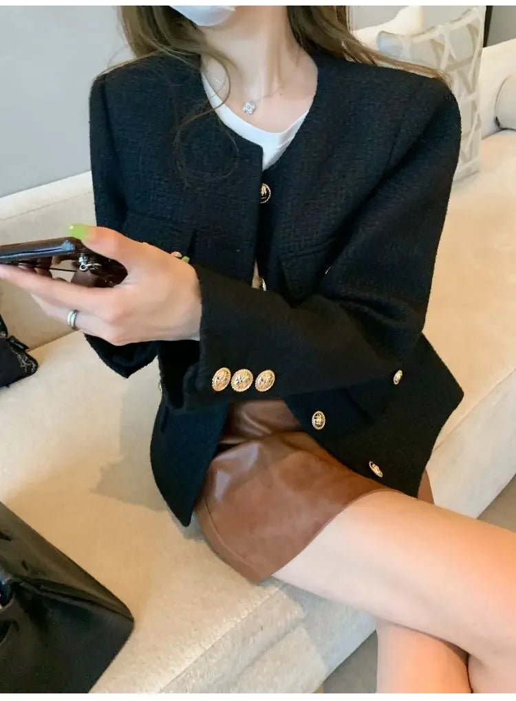 Gold Button Wool Tweed Jacket – Short & Elegant