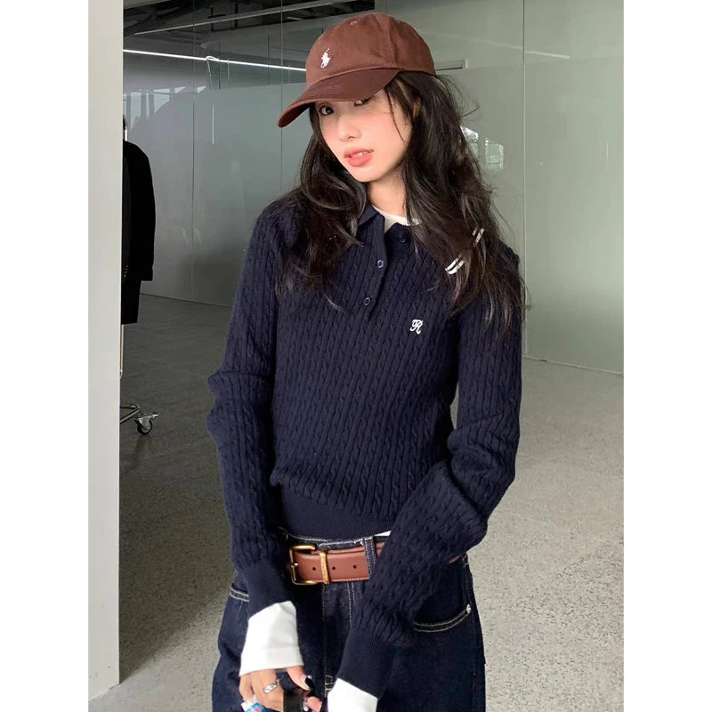 Embroidery Polo Sweater – Preppy Style Knit Pullover