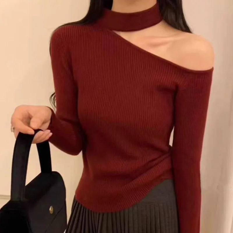 Off-Shoulder Long Sleeve Sweater – Solid Basic Knit