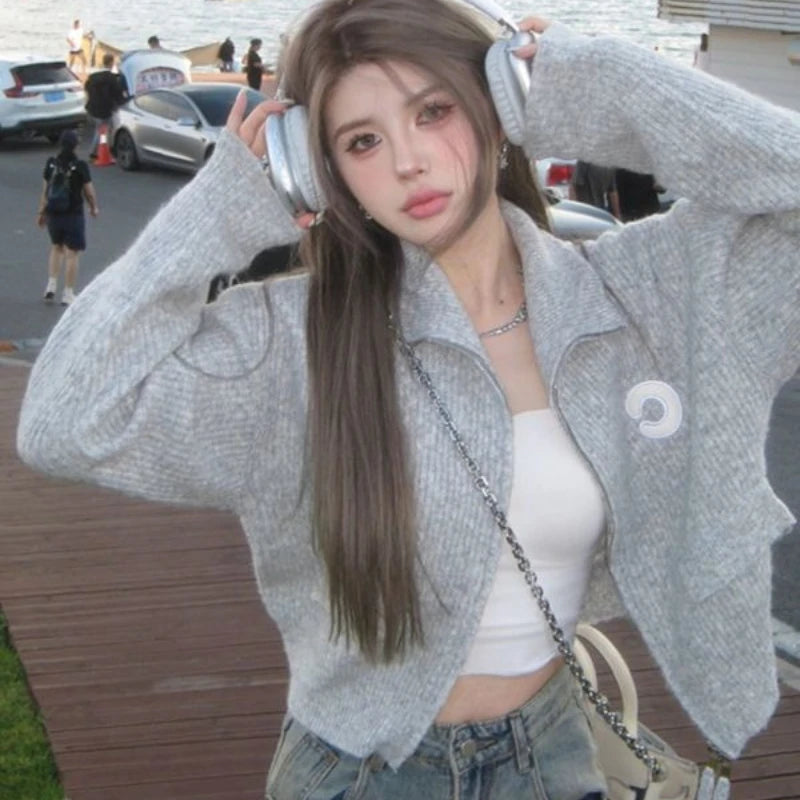 Vintage Grey Zip-Up Knit Cardigan – Cropped Loose Fit Streetwear