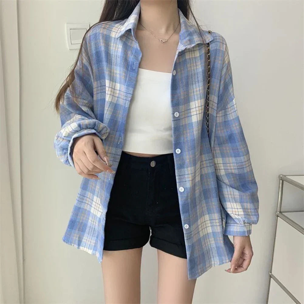 Vintage Plaid Check Shirt – Single Breasted Loose Fit