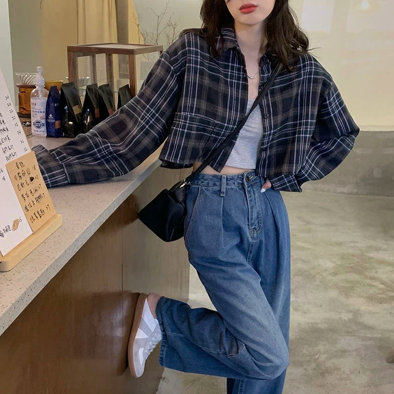 Crop Plaid Long Sleeve Shirt – Loose Fit