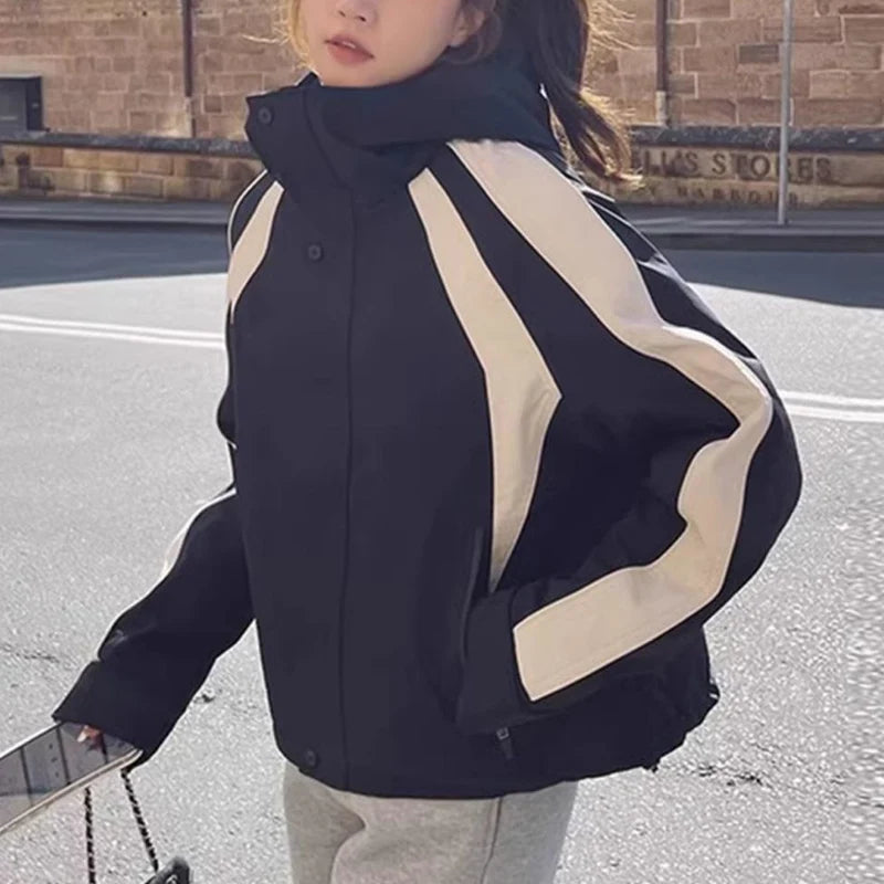 Patchwork Windbreaker – Loose Fit High Collar Hoodie