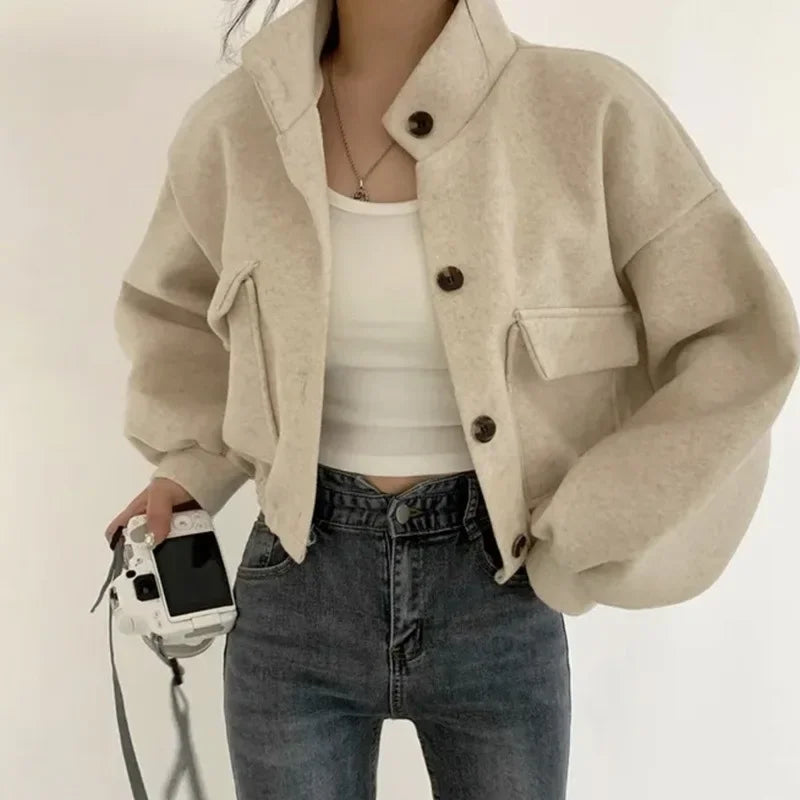 Solid Stand Collar Jacket – Vintage Loose Fit for Fall