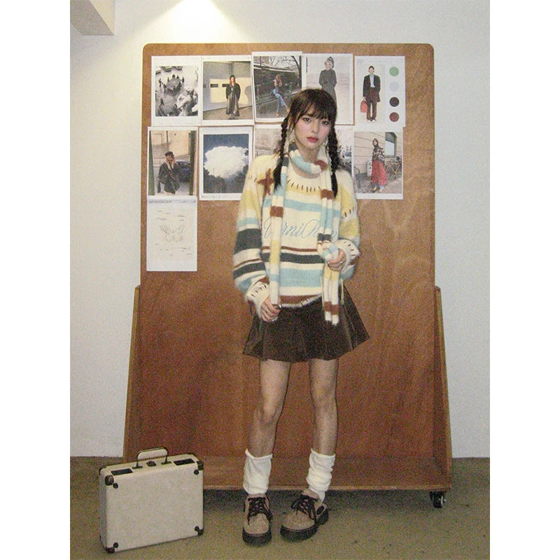Striped Sweater with Scarf – Long Sleeve Knit Winter Jumper