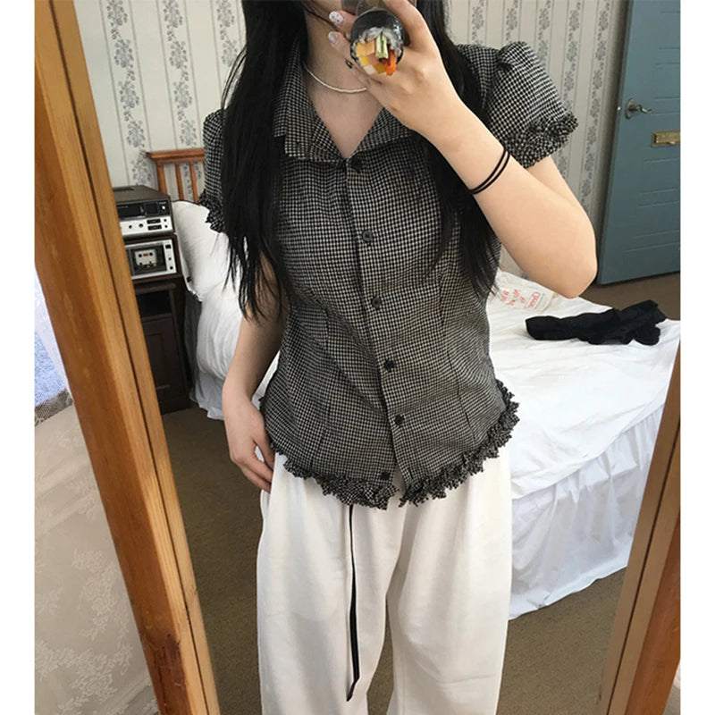 Red Plaid Ruffle Shirt – Patchwork Short Sleeve Blouse