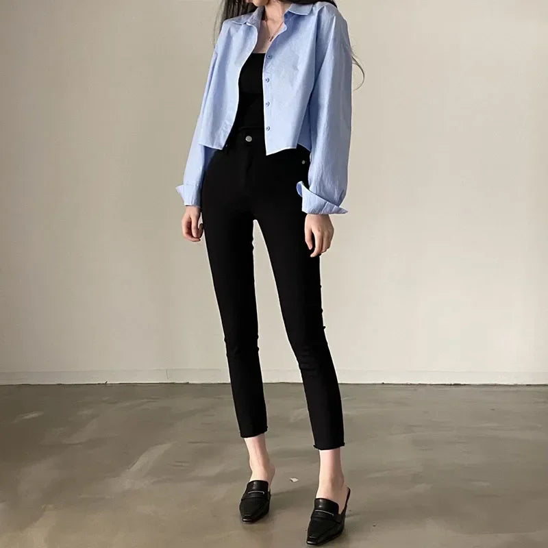 Long Sleeve White Shirt – Button Back Split Crop Design