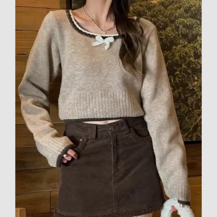Long Sleeve Square Collar Knit Top – Cropped Fit