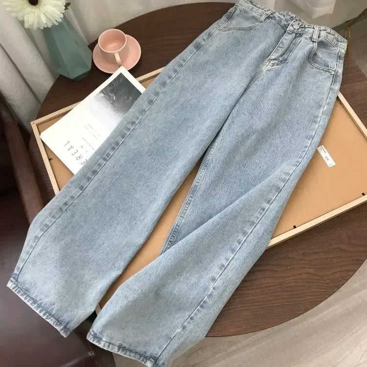 Light Blue Denim Trousers – Vintage Wide Leg Straight Long Pants with Belt