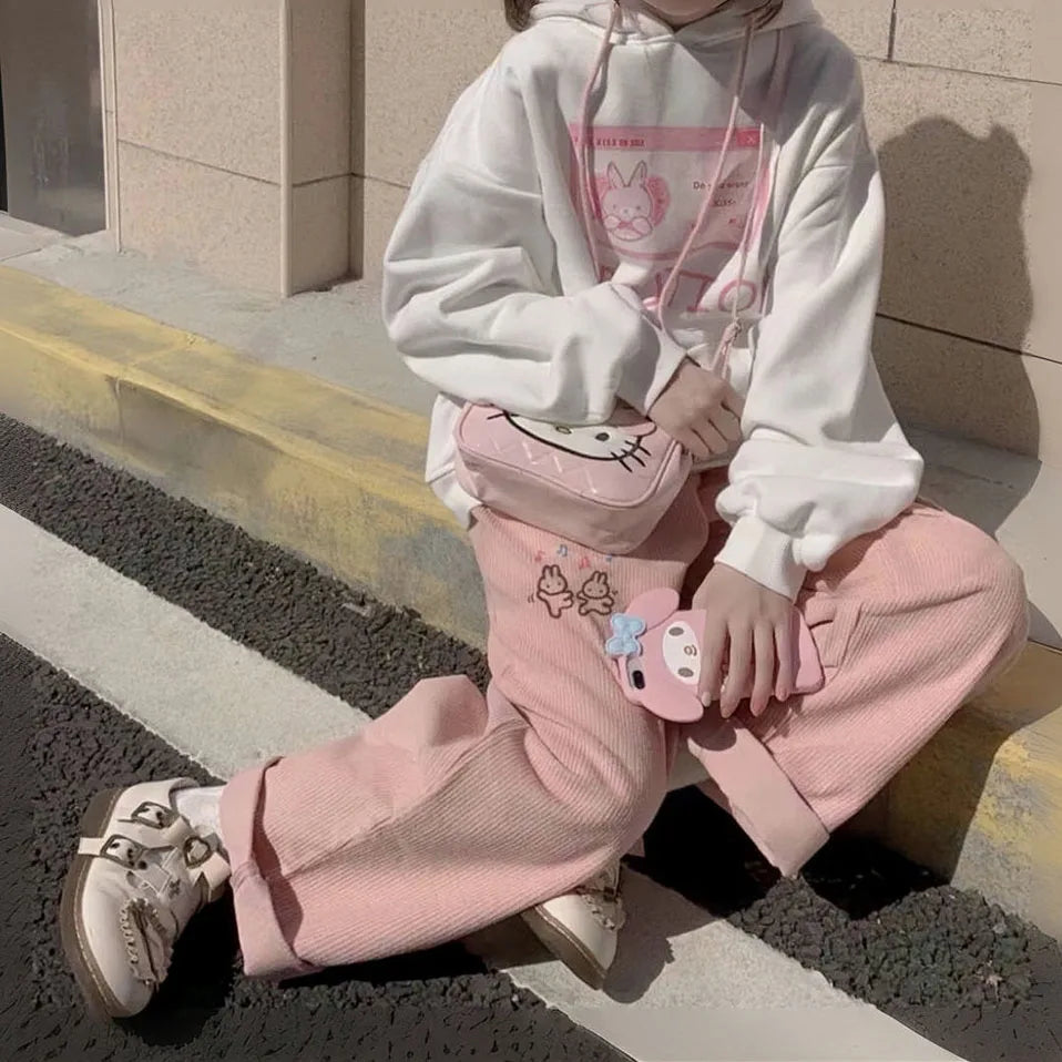 Pink Print Pants – Spring Cartoon High Waist Trousers