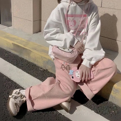 Pink Print Pants – Spring Cartoon High Waist Trousers