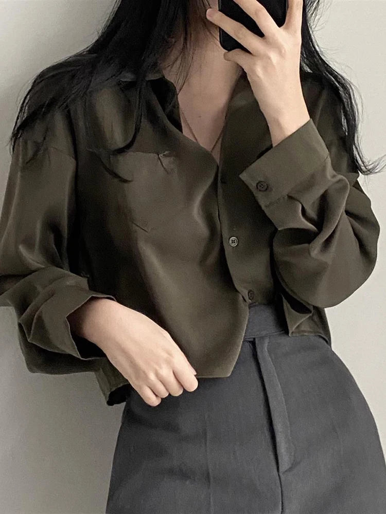 Solid Long Sleeve Button-Up Blouse – Chiffon & Short Style