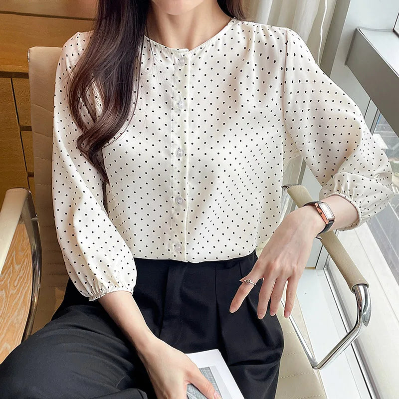 Polka Dot Chiffon Shirt – Loose O-Neck Office Blouse