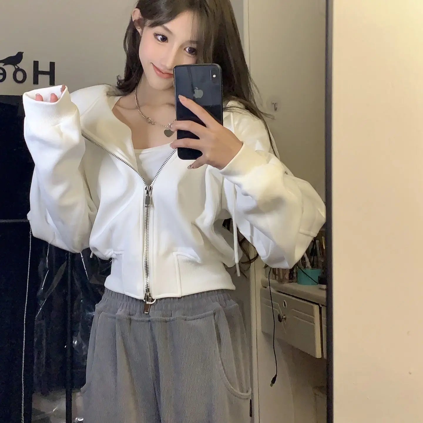 White Zip-Up Hoodie Jacket – Double Sweatshirt Layer