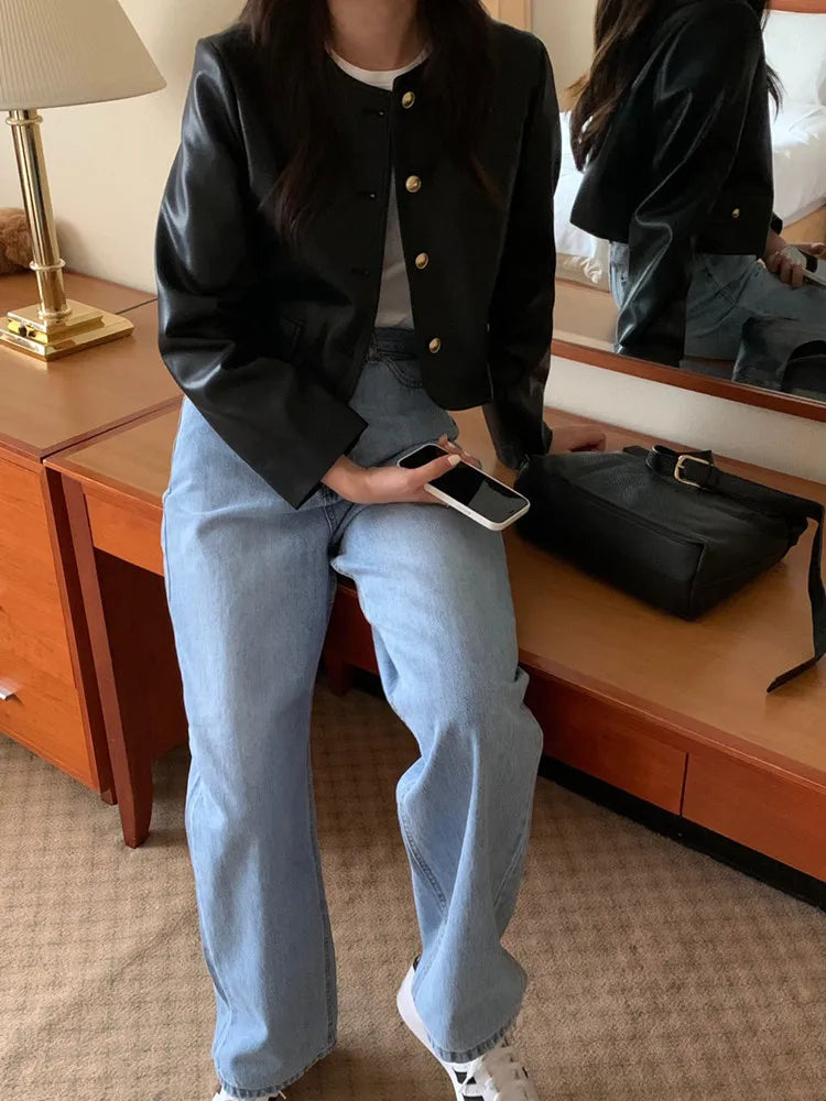 Black Leather Jacket – Vintage O Neck Street Style