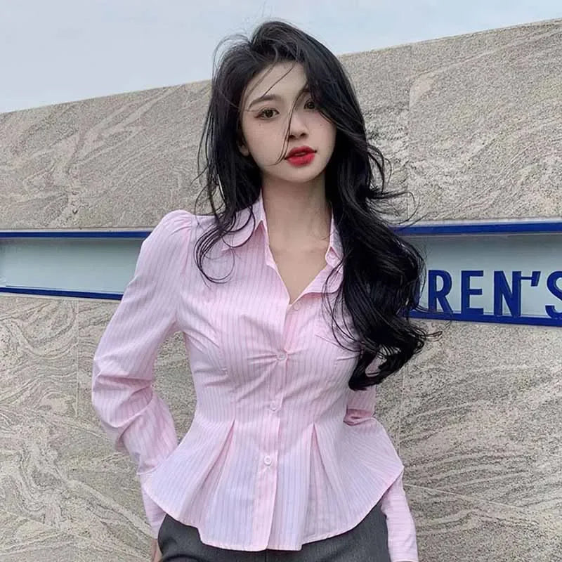 Pink Striped Shirt – V-Neck Folded Crop Top