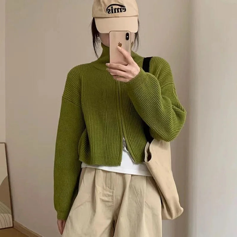 Stand Collar Knit Coat – Double Zipper Long Sleeve Casual Jacket