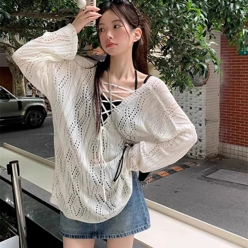 Summer Oversized Pullover – Long Sleeve Thin Knit Top