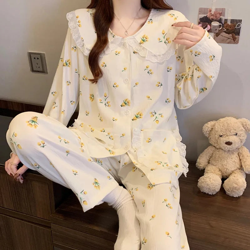 Cute Cherry Pajama Set – Long Sleeve Lapel Top & Pants, Cozy Loungewear