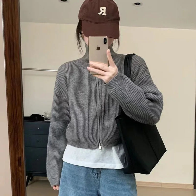 Stand Collar Knit Coat – Double Zipper Long Sleeve Casual Jacket