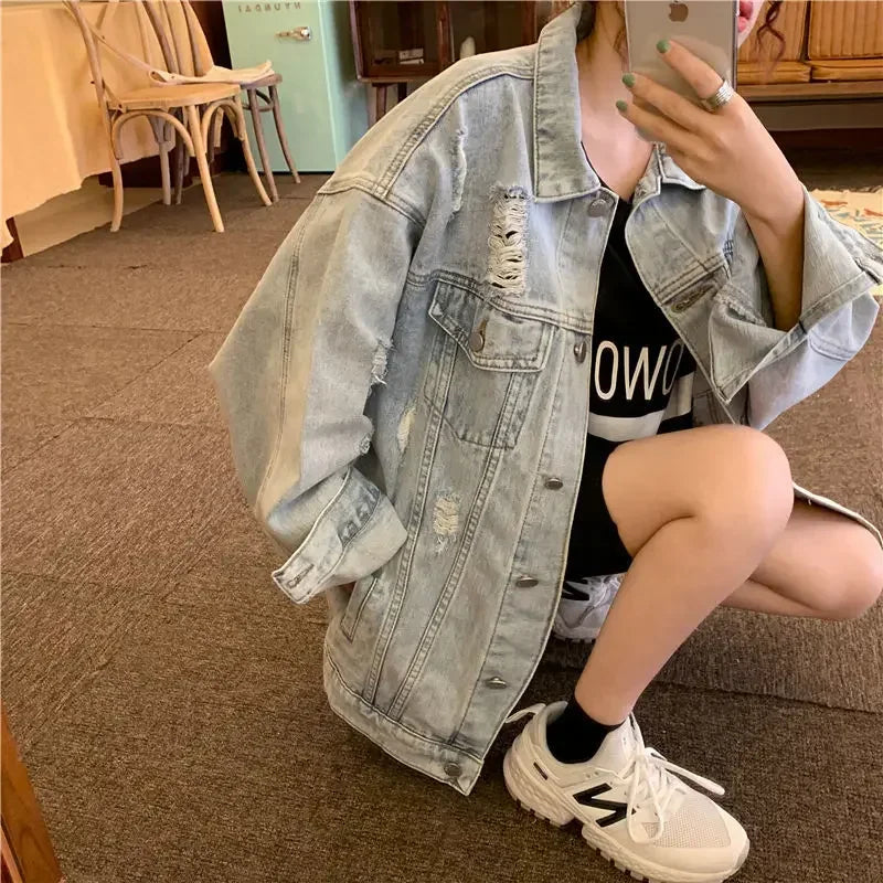 Ripped Oversized Denim Jacket – Vintage Wash
