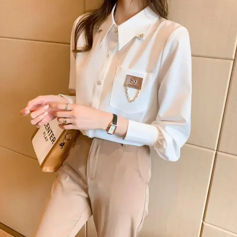 White Chiffon Shirt – Polo Neck Long Sleeve