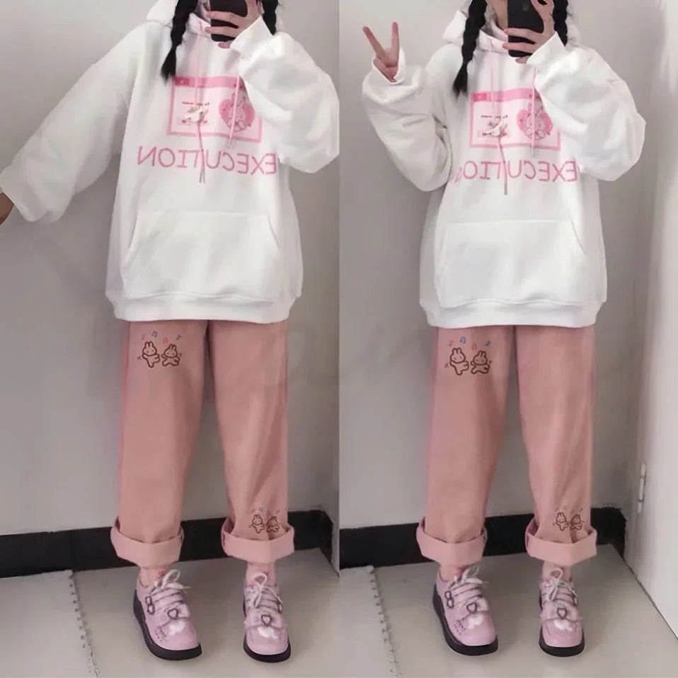 Pink Print Pants – Spring Cartoon High Waist Trousers
