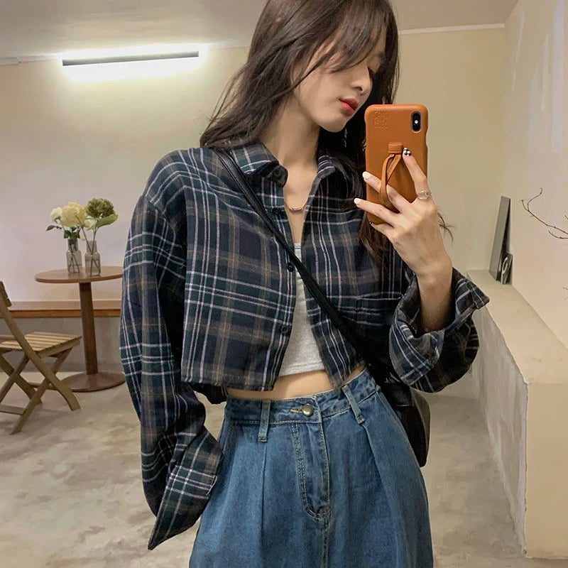 Crop Plaid Long Sleeve Shirt – Loose Fit