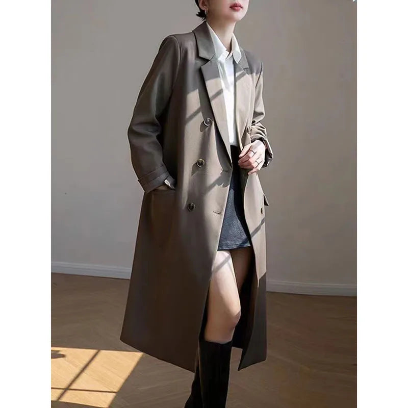 Elegant Long Blazer – Office Double-Breasted Fit