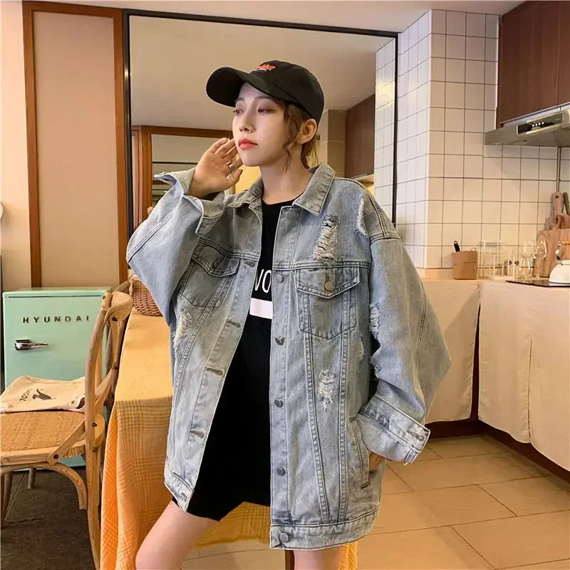 Ripped Oversized Denim Jacket – Vintage Wash