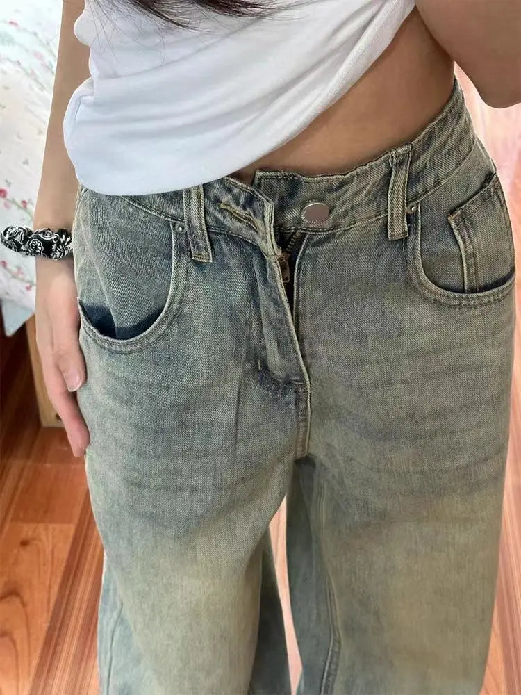 Retro Loose Flare Jeans – Wide Leg Raw Edge Denim