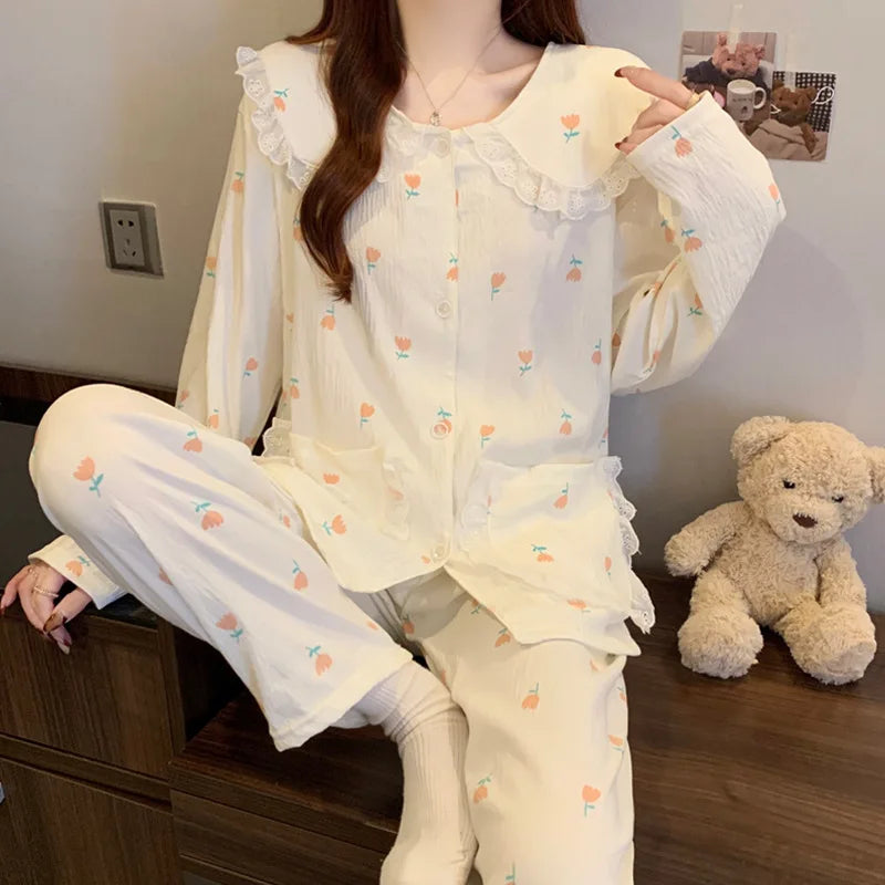 Cute Cherry Pajama Set – Long Sleeve Lapel Top & Pants, Cozy Loungewear