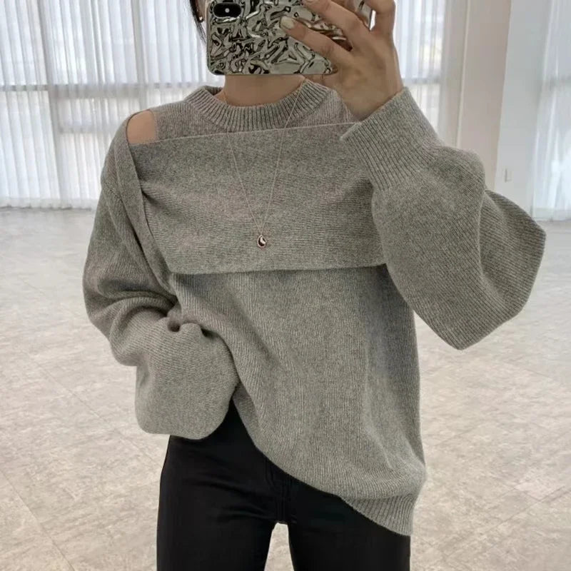 Irregular Off-Shoulder Knit Top – Round Collar Long Sleeve