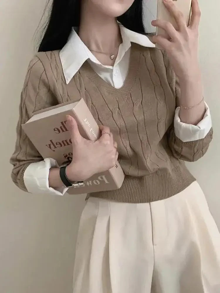 V-Neck Knit Pullover – Loose Two-Piece Style