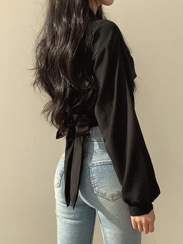 Cropped Back Bow Blouse – Slim Long Sleeve Top