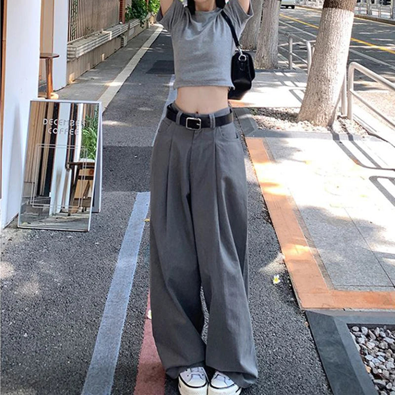 Streetwear Wide Leg Baggy Jeans – High Waist Loose Gray Trousers