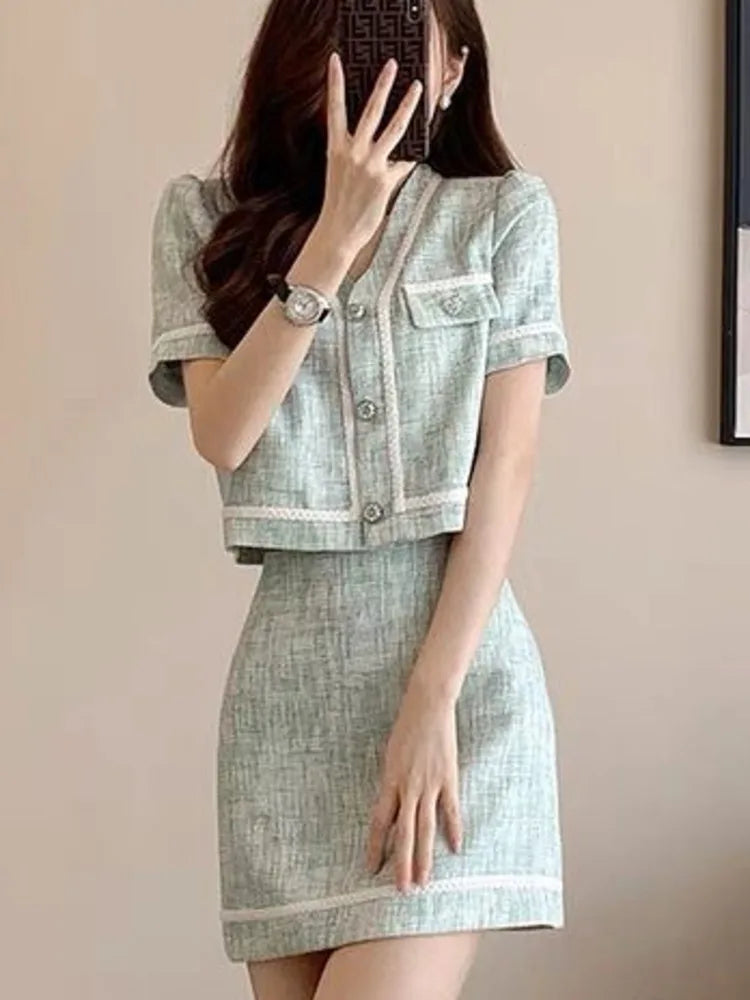 French Vintage Two-Piece Set – Short Jacket Coat + Mini Skirt